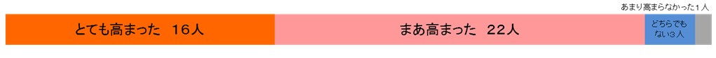 とても高まった１６人：まあ高まった２２人：どちらでもない３人：あまり役立たなかった１人
